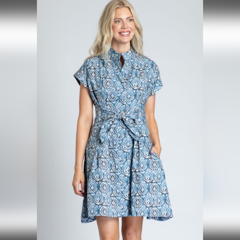 Elegant Blue Patterned Dress XXL